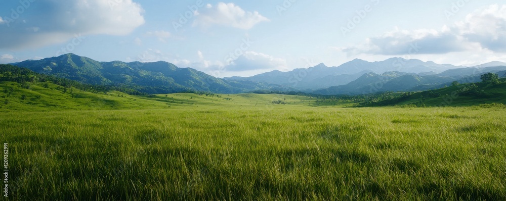 Obraz premium A serene landscape featuring lush green fields and rolling mountains under a clear blue sky, evoking tranquility and natural beauty.
