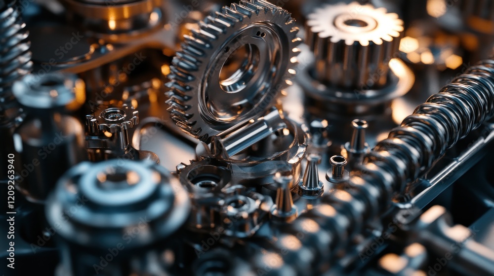 Close-up of Complex Machine Gears and Mechanisms Close-up of Complex Machine Gears and Mechanisms