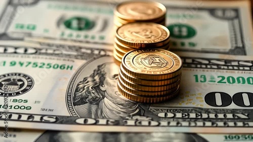Golden Stacks of Currency: Close-up shot of stacks of gold coins resting on US dollar bills, symbolizing wealth, financial success, and economic growth.