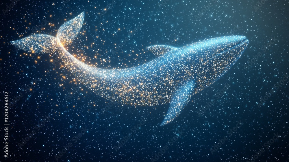 Fototapeta premium Magical Sparkling Whale Silhouette in Cosmic Night Sky Celestial Marine Animal Art