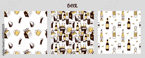 Beer seamless pattern. Bottle, glass and can. Alcohol beverages, ale, lager and ipa, craft brewery. Oktoberfest pub drinks. Decor textile, wrapping, wallpaper. Print for fabric. Vector background