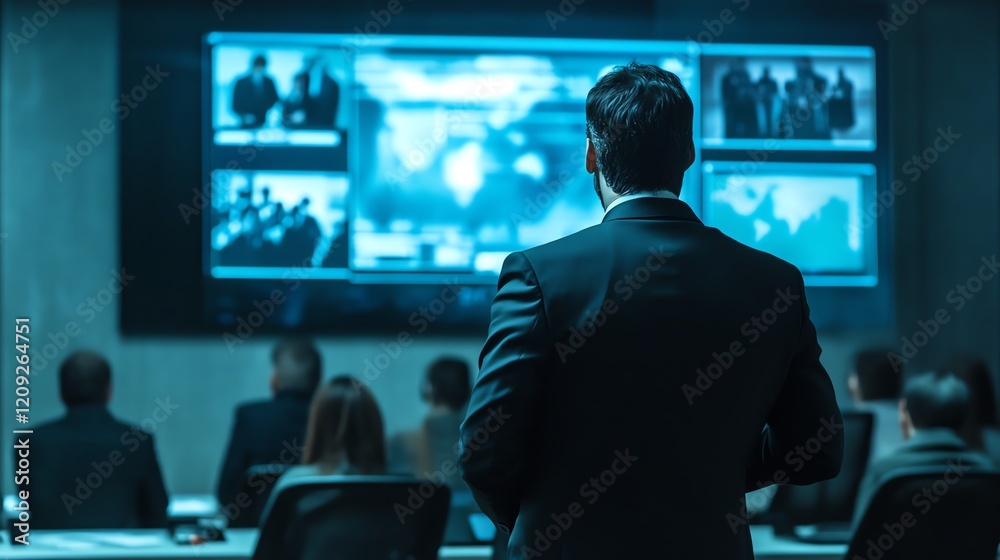 Business Professionals Observe and Analyze Data on Large Screens in a Modern Conference Room During a Strategic Meeting Business Professionals Observe and Analyze Data on Large Screens in a Modern Conference Room During a Strategic Meeting