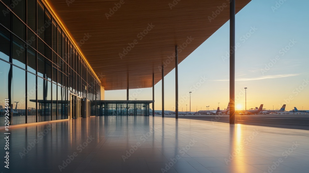Sleek airport building illuminated by the warm glow of sunrise, showcasing modern architecture and serene skies. Sleek airport building illuminated by the warm glow of sunrise, showcasing modern architecture and serene skies.