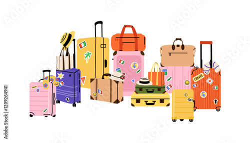 Luggage with stickers. Travel suitcase, journey baggage, handbag of passenger, bags and case, bright colorful traveling accessory. Doodle minimal trendy vector cartoon flat isolated illustration