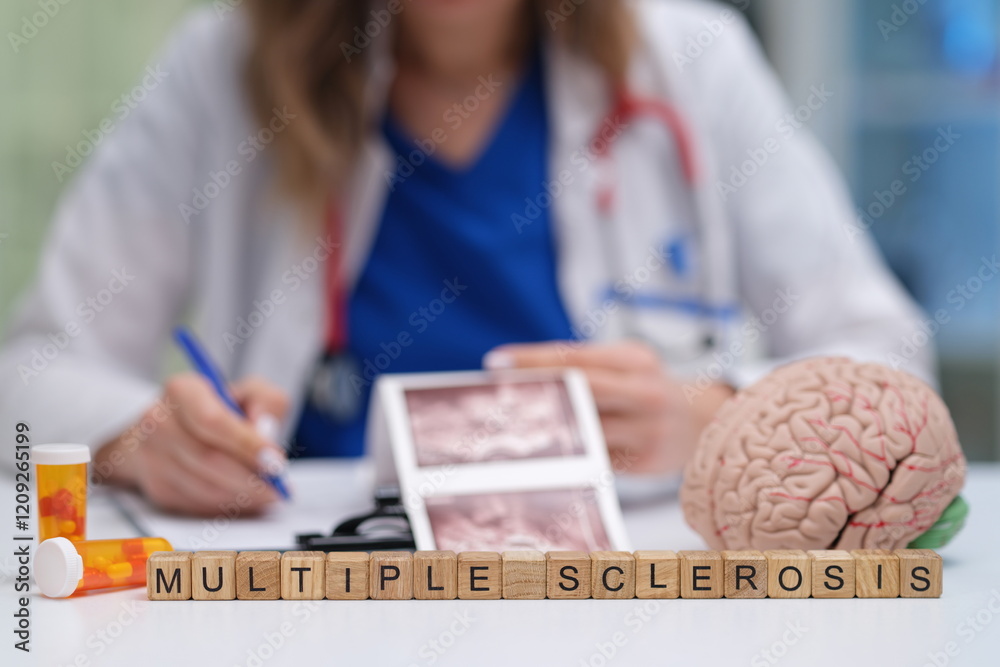 A healthcare professional is carefully analyzing medical images that are related to multiple sclerosis and its effects