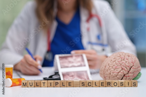 Obraz na płótnie A healthcare professional is carefully analyzing medical images that are related to multiple sclerosis and its effects w salonie