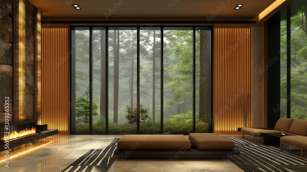 Naklejka premium Modern Living Room with Scenic Nature View