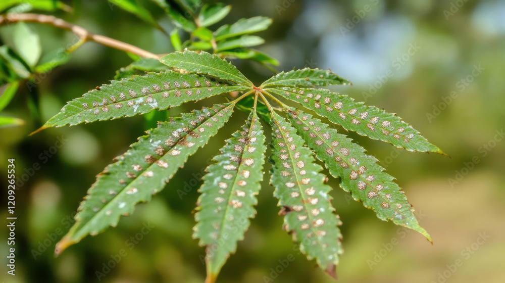 Close-up of a leaf with visible fungal spots, showcasing nature's imperfections and the cycle of decay and renewal in a natural environment. Close-up of a leaf with visible fungal spots, showcasing nature's imperfections and the cycle of decay and renewal in a natural environment.