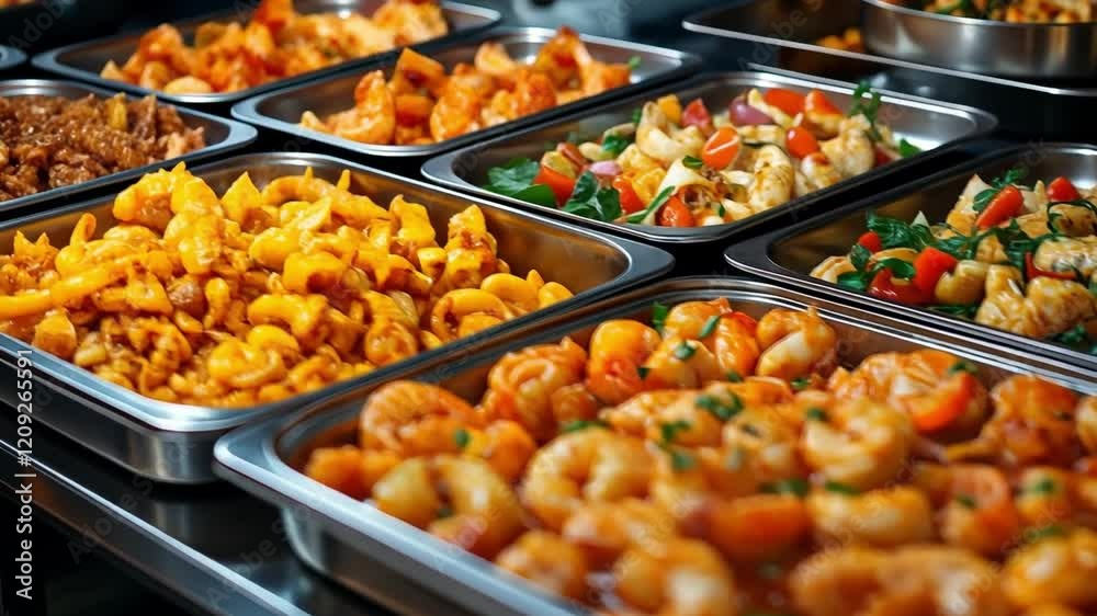 Delicious Buffet Spread: A tantalizing spread of freshly prepared dishes, including pasta, seafood, and vegetables, displayed in stainless steel chafing dishes.