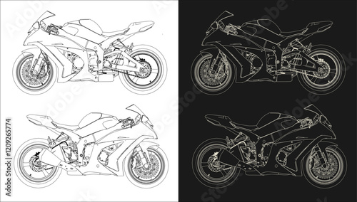 race motorcycle sportbike GP side view. line technical drawing  of blueprints isolated on transparent background