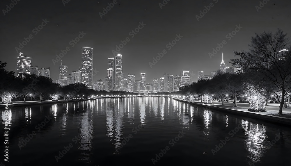 Obraz premium A stunning nighttime view of a city skyline illuminated by blue lights, reflecting on a calm river