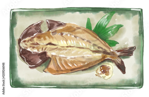 美味しそうなアジの開きの水彩イラスト