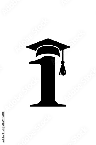 Graduation Cap on Number One Symbol, Black and white illustration of the number one wearing a graduation cap, symbolizing academic excellence, success, and educational achievement.  
  
