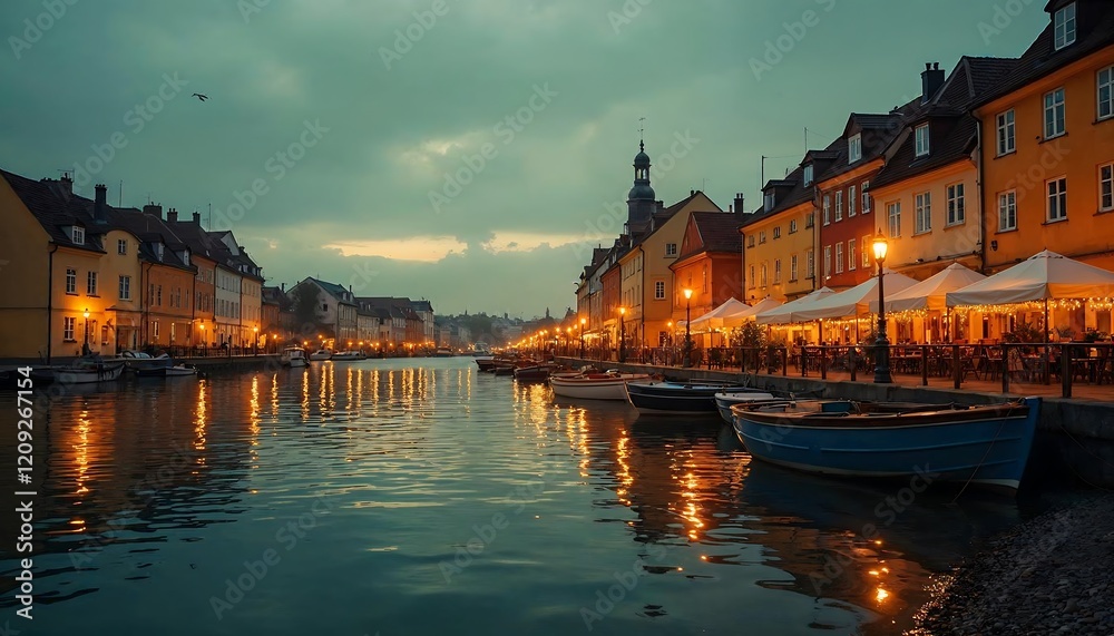Fototapeta premium A stunning nighttime view of a city skyline illuminated by blue lights, reflecting on a calm river