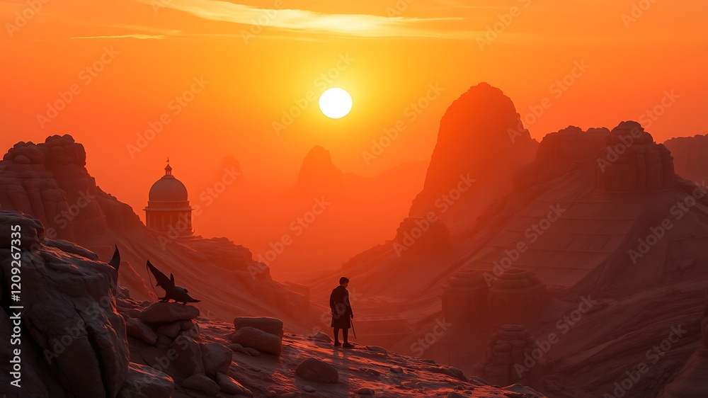 Fototapeta premium A lone figure contemplates a distant, dome-shaped structure nestled amidst dramatic, sun-drenched desert mountains at sunset.