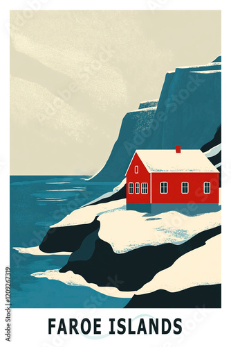 Faroe Islands city illustrated poster in retro style. Vintage Denmark booklet, brochure, postcard, print, cover with scenic landscape photo