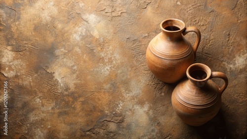 Rustic earthenware jugs rest on a textured, earthy background, evoking a sense of history and craftsmanship.