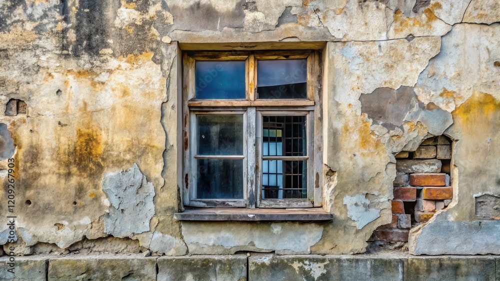 Obraz premium A weathered window in a decaying building, showcasing the passage of time and the resilience of architecture