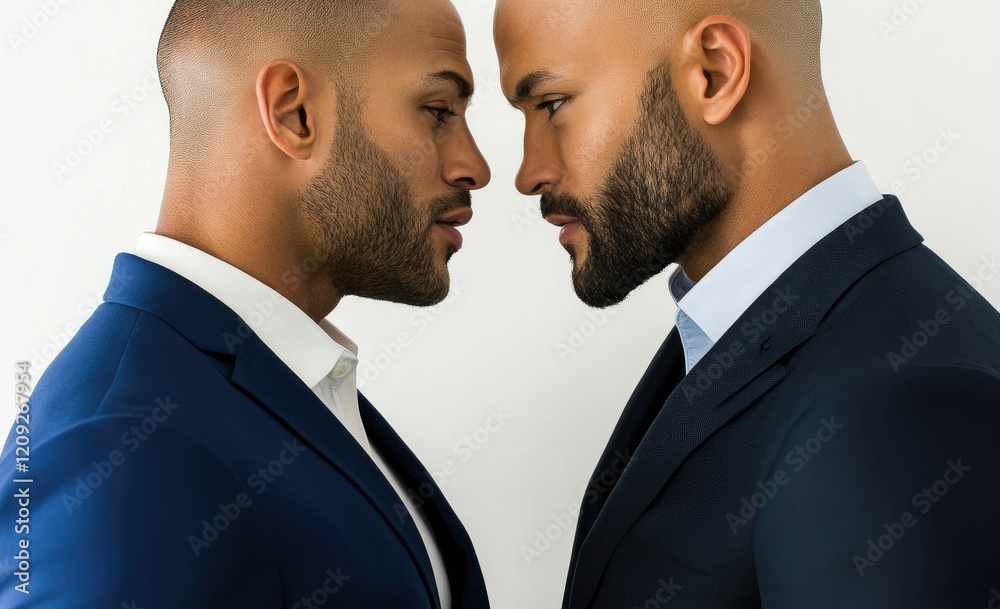 Two handsome men in suits, one with short hair and the other bald, face each other, their expressions intense Two handsome men in suits, one with short hair and the other bald, face each other, their expressions intense