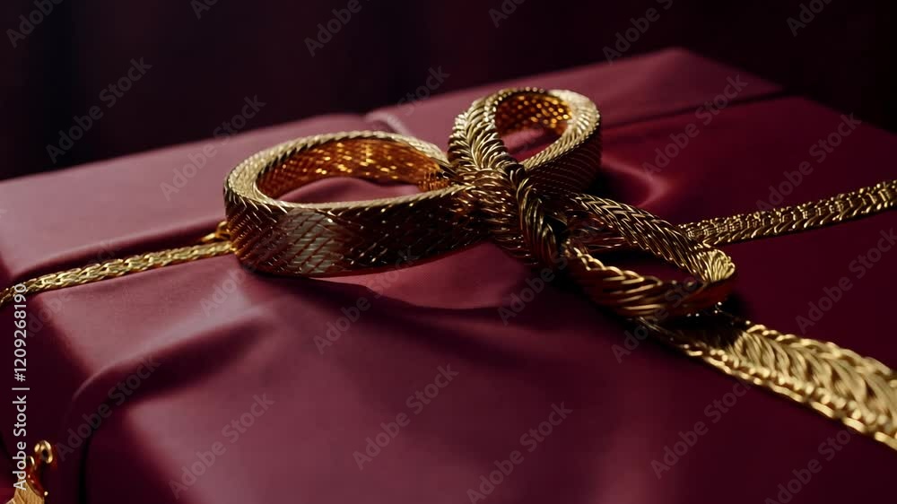 Slow zoom in video, luxurious deep red gift box, gold braided ribbon, dark red velvet background, low key lighting