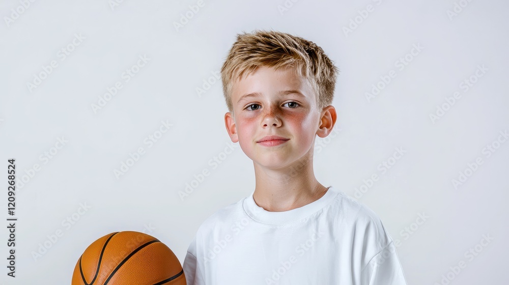 Boy holding basketball, studio portrait, sports Boy holding basketball, studio portrait, sports