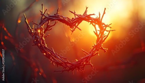 Crown of Thorns in the shape of a heart, Christian Easter symbolism, Jesus love and sacrifice, radiant light, sacred and holy background, divine love concept