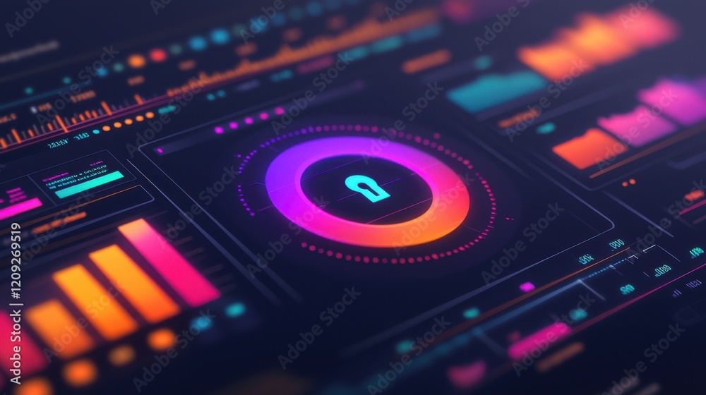 Obraz premium Futuristic Glowing Digital Interface with Central Privacy Lock
