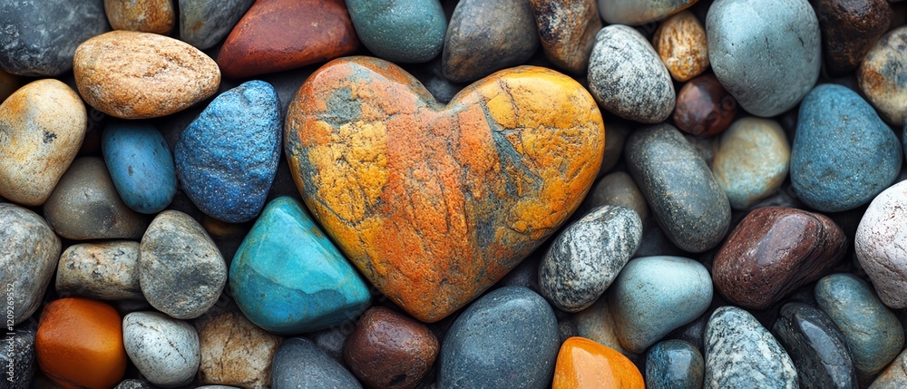 Heart made of colorful river stones, vibrant banner background, natural texture design, ecofriendly and artistic arrangement, bright and peaceful colors
