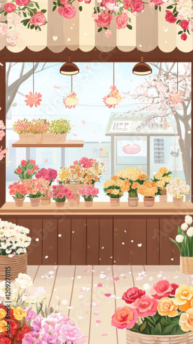Spring Town Cafe and Flower Shop, artistic concept, soft lighting and radiant atmosphere. Ideal wallpapers for mobile phones and computers.