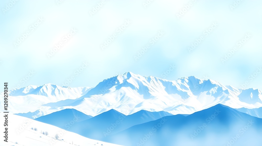 Fototapeta premium Panoramic view of snow-capped Himalayan peaks with a glacier glistening under a dramatic winter sky