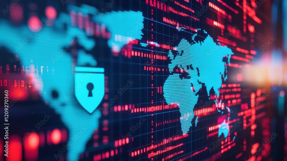Obraz premium Luminous Global Cybersecurity Shields and Digital Data Network Visualization