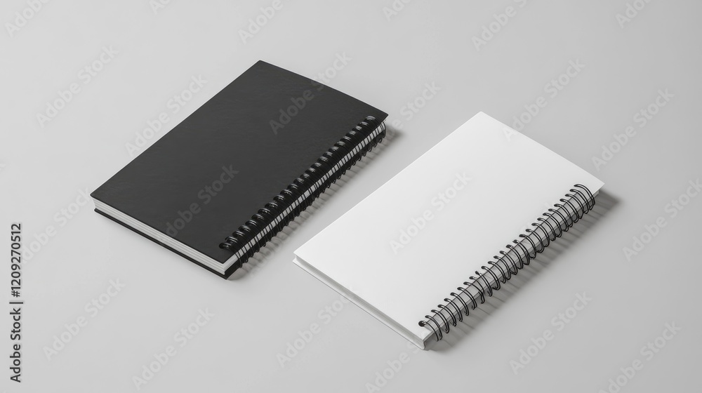 3D mockup of two spiral-bound notebooks with black and white paper, on a light grey background, high-resolution. 3D mockup of two spiral-bound notebooks with black and white paper, on a light grey background, high-resolution.