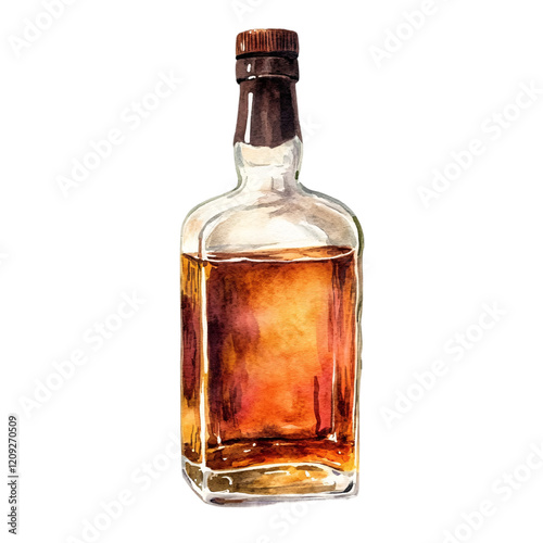 Watercolor whiskey bottle artwork isolated on transparent background