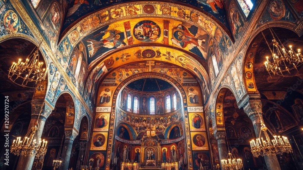 Obraz premium Ornate church interior, religious art, arched ceiling, golden details, peaceful atmosphere, travel photography