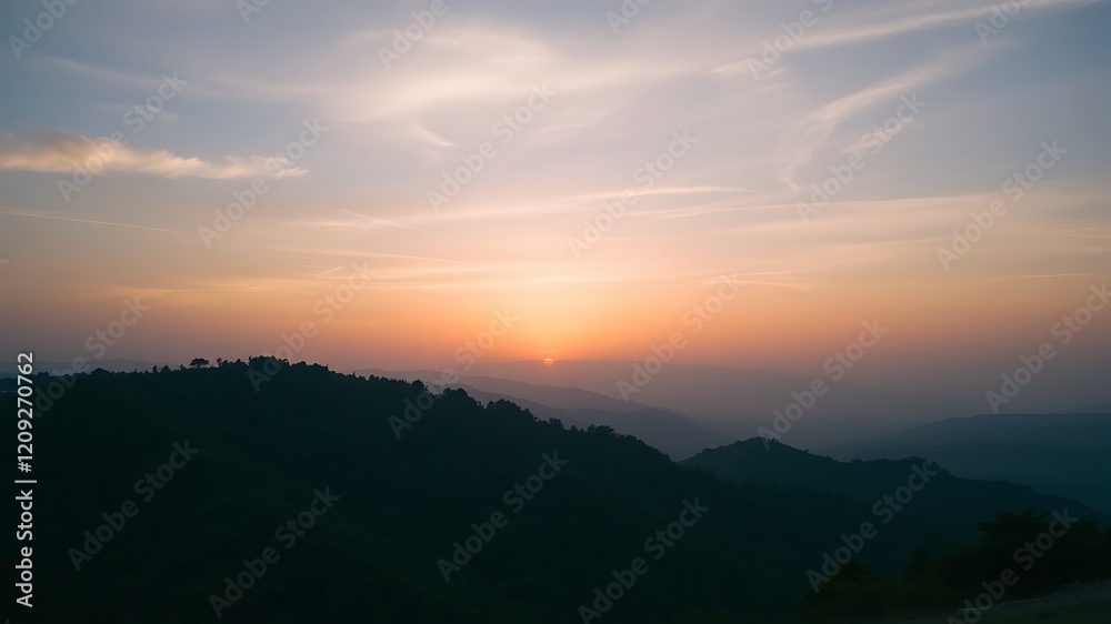 Obraz premium Serene sunset over rolling hills and mountains, painting the sky with warm orange and pink hues, a peaceful landscape.