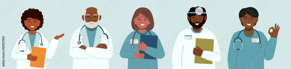 Set of doctors isolated on blue. Concept of medicine, healthcare, clinic, assistance, team. Vector hand drawn cliparts. Set of doctors isolated on blue. Concept of medicine, healthcare, clinic, assistance, team. Vector hand drawn cliparts.