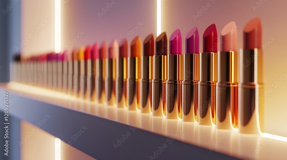 Ten Shades of Lip Gloss, a Spectrum of Color on a White Shelf