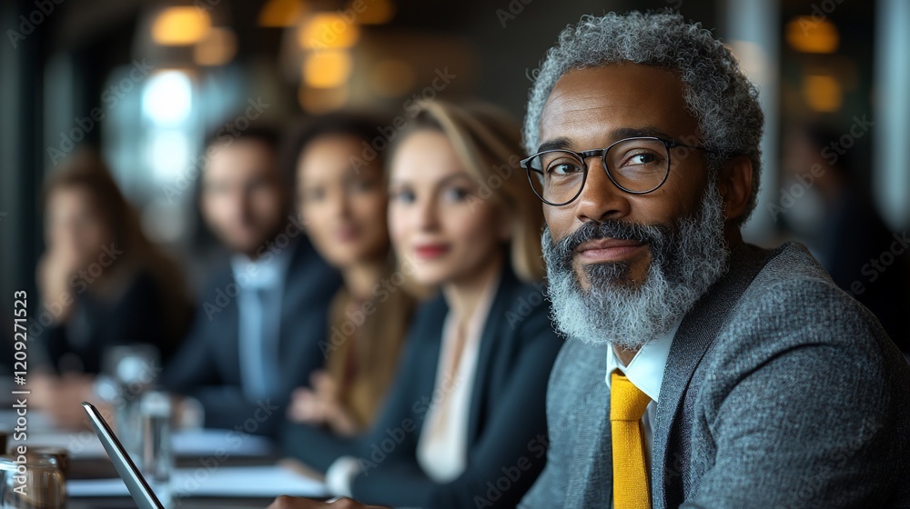 Confident businessman leading diverse team. Confident businessman leading diverse team.