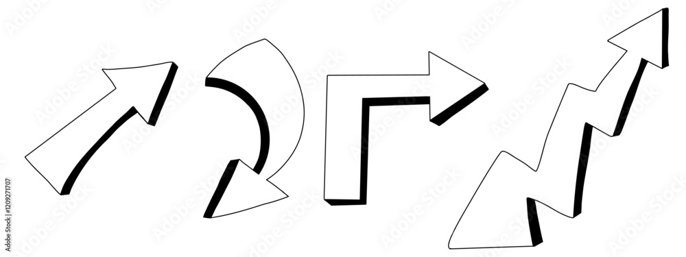 Set of arrows with shadows. various direction on white background. Doodle Sketch style. vector design elements.