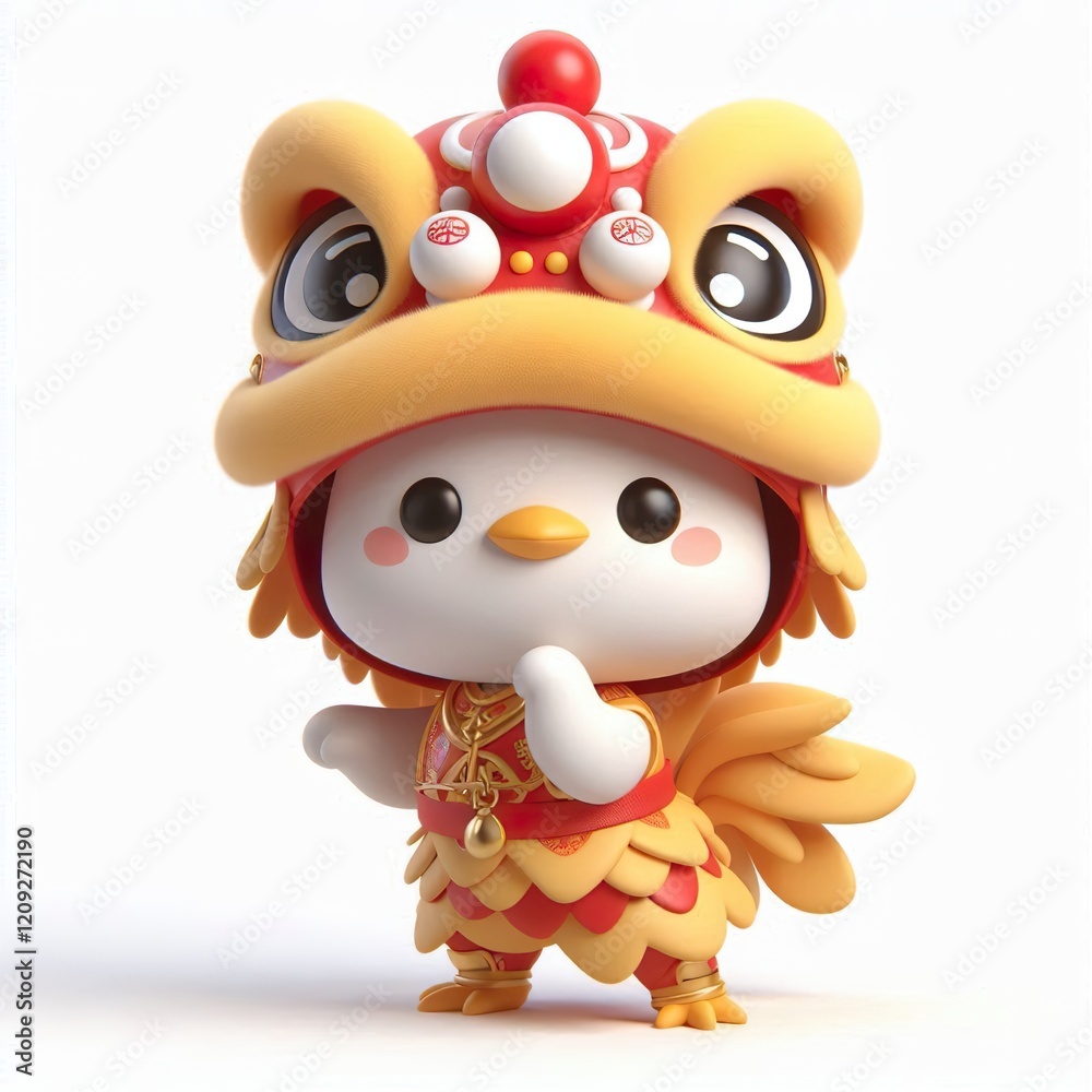 Obraz premium 3D Adorable cartoon chicken in a lion dance costume