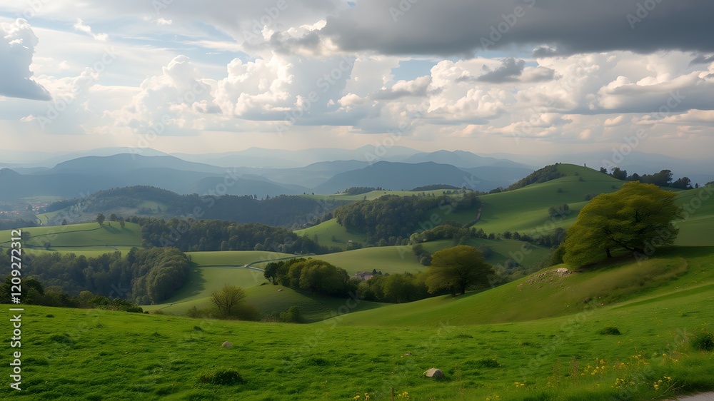 Fototapeta premium Serene rolling green hills landscape with lush meadows and distant mountains under a cloudy sky, idyllic rural scene.