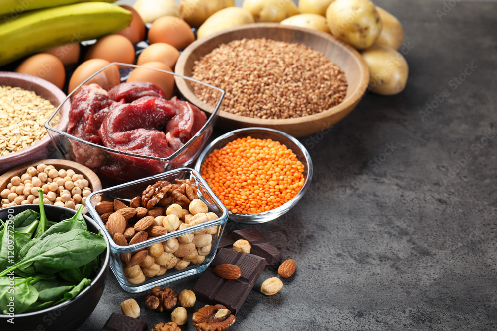 Diet plan for anemia. Different products rich in iron on grey table, space for text Diet plan for anemia. Different products rich in iron on grey table, space for text