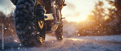 Motorbike rides through snow-covered landscape during sunset in winter wonderland