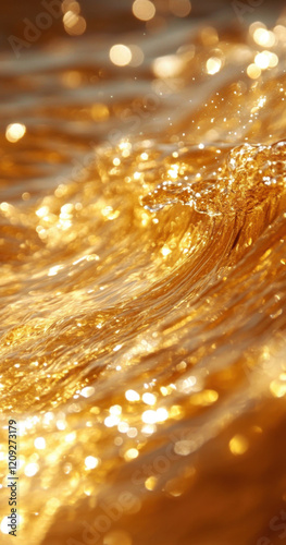 Golden water, golden waves of gold, sparkling, shiny, and translucent, high-definition photography.