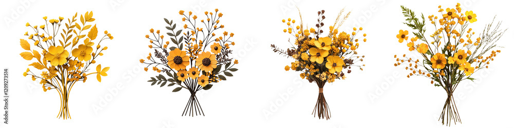 Fototapeta premium Stunning autumn floral bouquet arrangement featuring yellow and orange flowers leaves and branches Vibrant natural centerpiece perfect for Thanksgiving harvest festivals or seasonal home decor