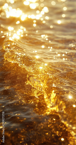Golden water, golden waves of gold, sparkling, shiny, and translucent, high-definition photography.