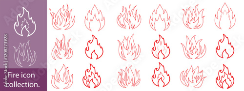 Fire icon collection. Fire flame symbol. Bonfire silhouette logotype. Flames symbols set flat style - stock vector