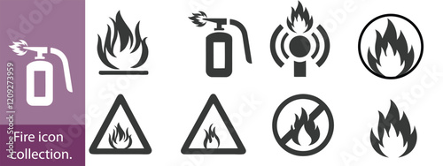 Fire icon collection. Fire flame symbol. Bonfire silhouette logotype. Flames symbols set flat style - stock vector