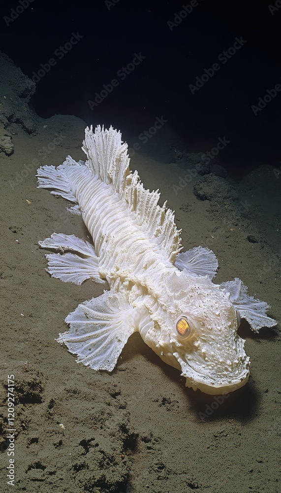 A ghostly white deep-sea fish rests on the ocean floor, its delicate fins splayed out. A ghostly white deep-sea fish rests on the ocean floor, its delicate fins splayed out.
