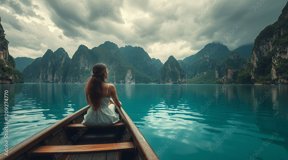 A woman is in a rowboat on a calm lake, with mountains in the background under a cloudy sky A woman is in a rowboat on a calm lake, with mountains in the background under a cloudy sky